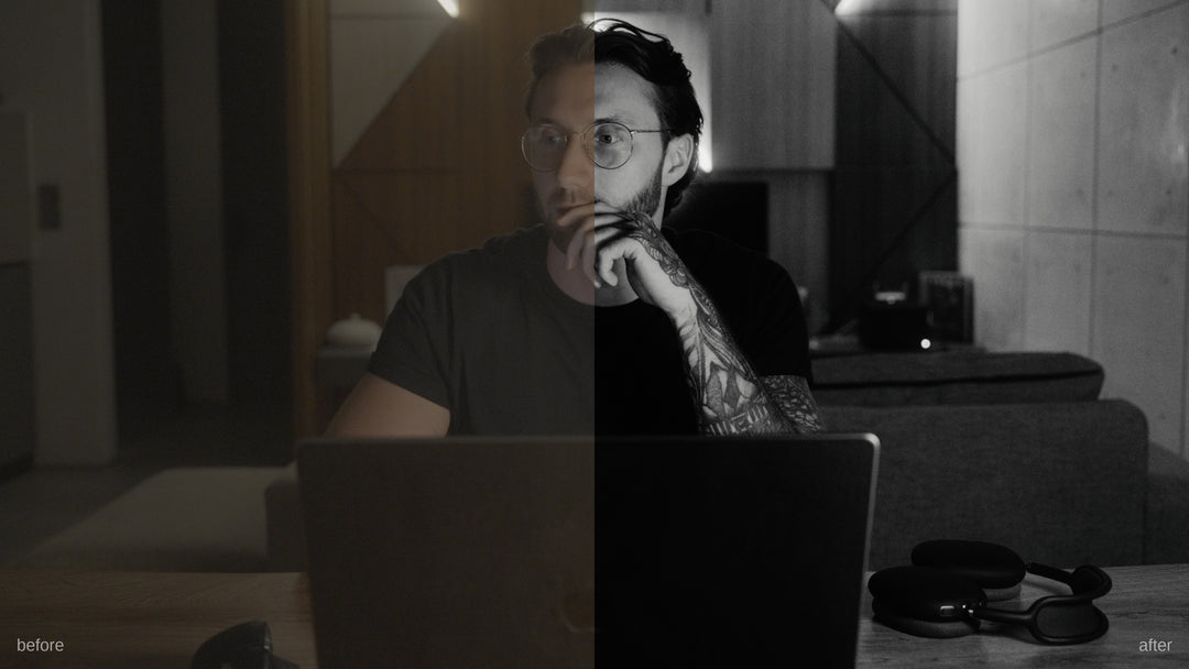 PP Core LUT Pack noir preset applied to indoor night footage - cinematic black and white grade