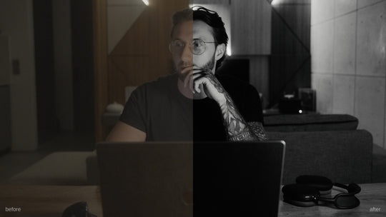 PP Core LUT Pack noir preset applied to indoor night footage - cinematic black and white grade