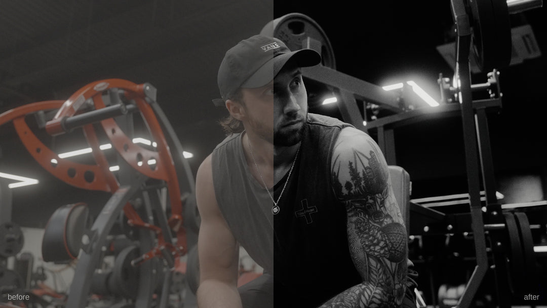 PP Core LUT Pack noir preset applied to gym footage - cinematic black and white grade