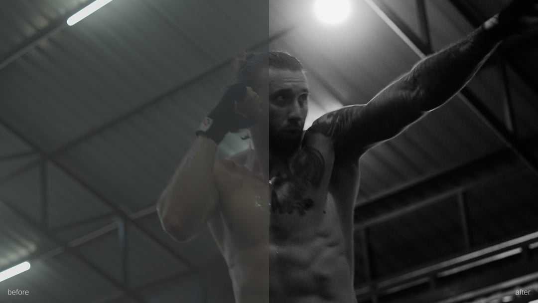 PP Core LUT Pack noir preset applied to Muay Thai footage - cinematic black and white grade