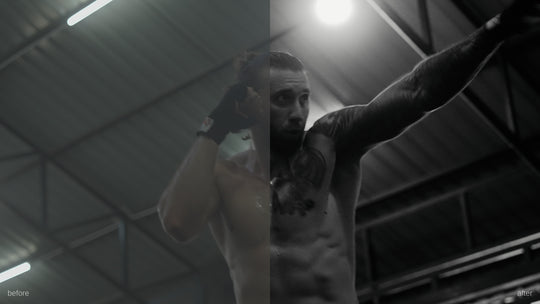 PP Core LUT Pack noir preset applied to Muay Thai footage - cinematic black and white grade