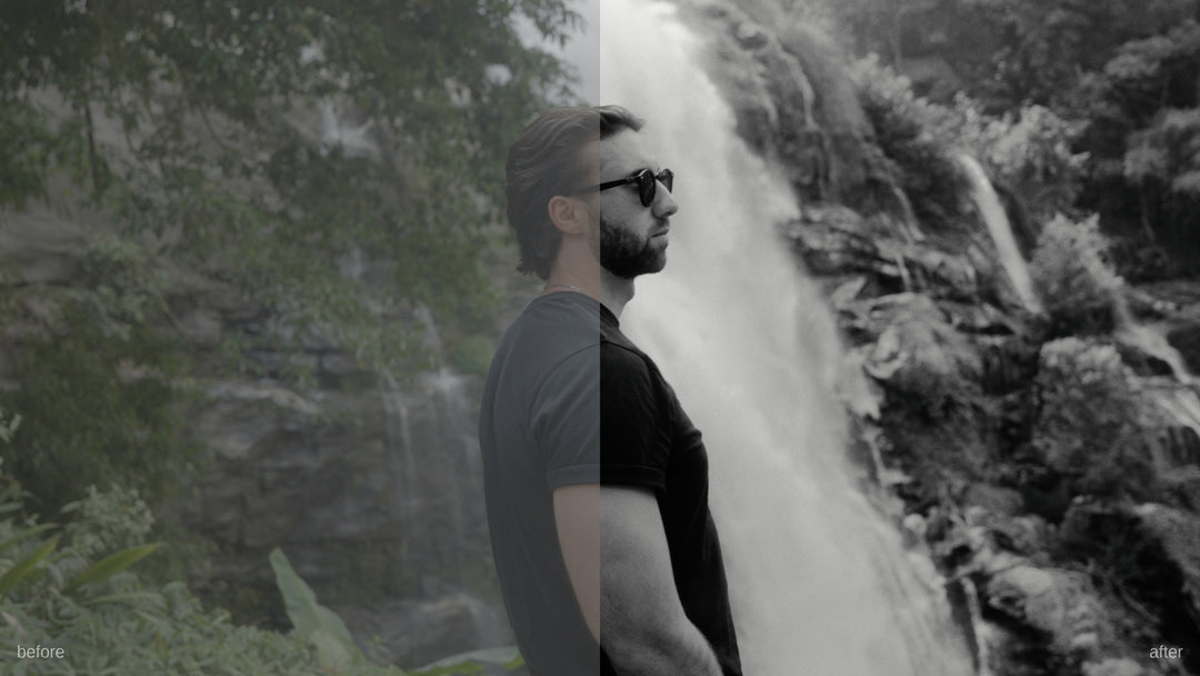 PP Core LUT Pack noir preset applied to outdoor footage, Chiang Mai - cinematic black and white grade